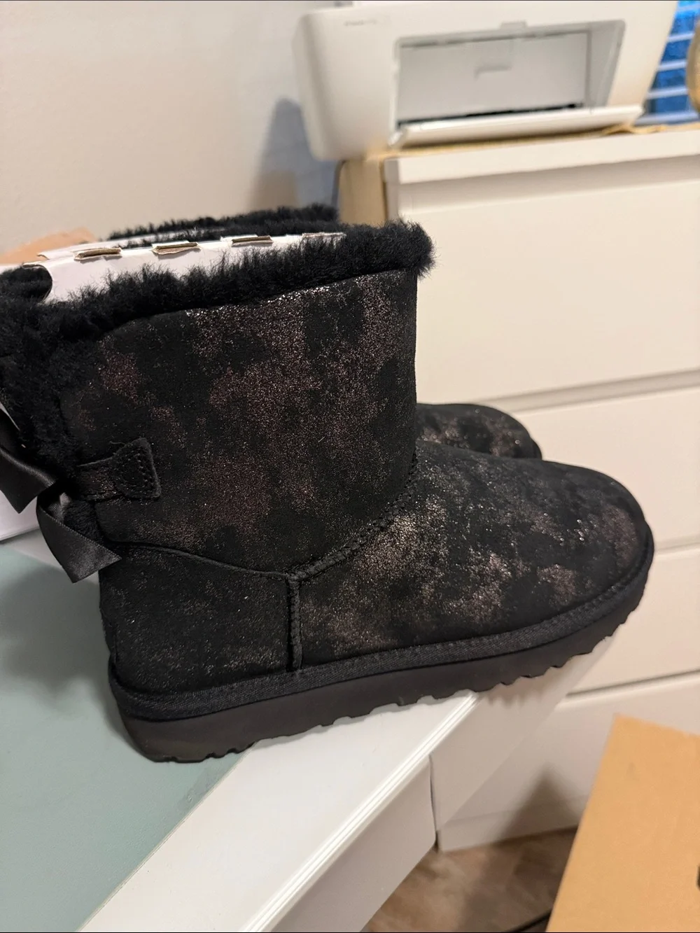 Bailey Bow Black Sparkle Short Shearling Boots - Women